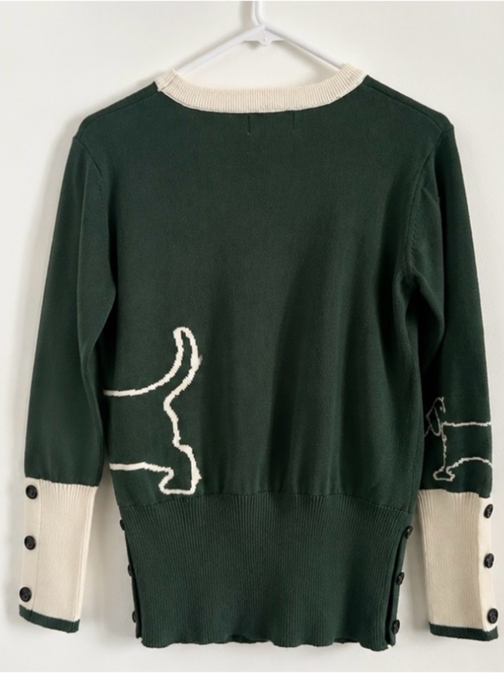 Minimalist Dog Graphic Knit Sweater Green & Cream Button Sleeve Small - Picture 3 of 4